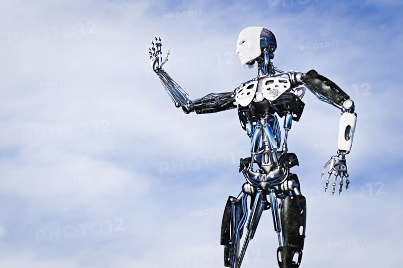 Robot waving in clouds