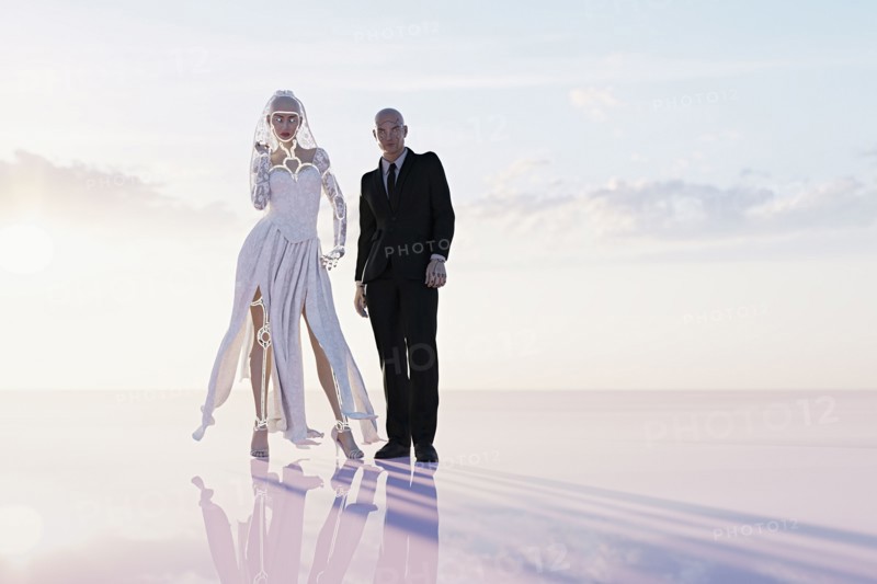 Cyborg bride and groom in wedding