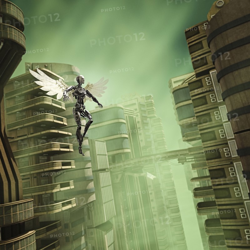 Robot angel flying in futuristic city