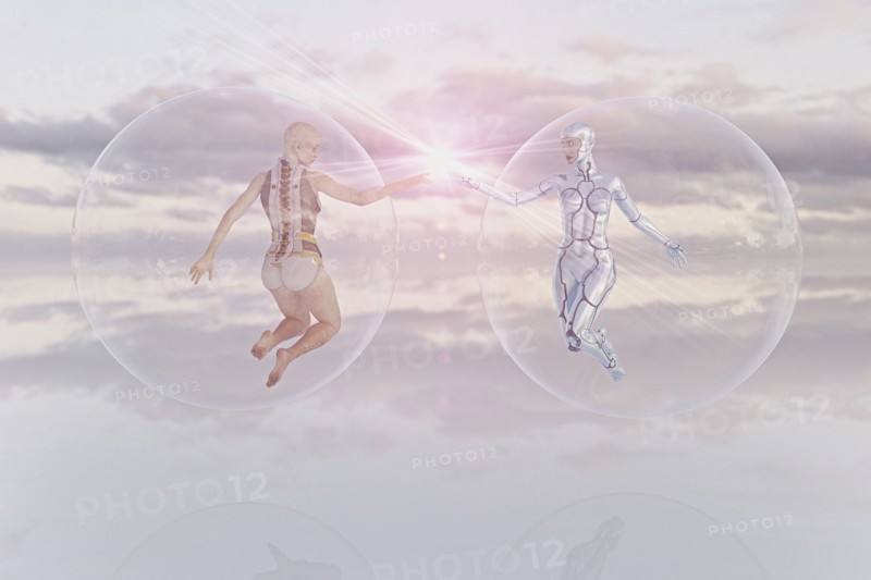 Futuristic women floating in sky in transparent spheres