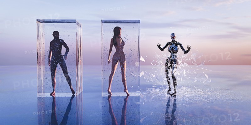 Robot breaking free from glass cube near man and woman