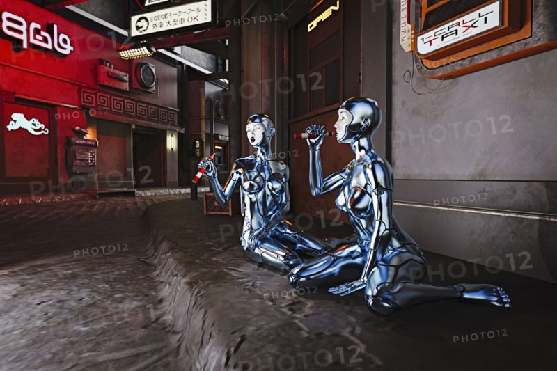 Robots sitting on sidewalk and vaping