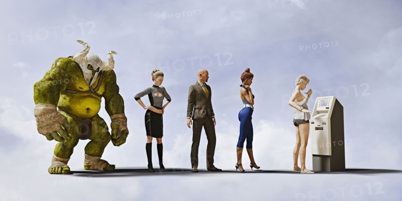 People and ogre waiting to use ATM