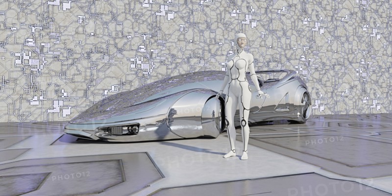 Robot standing near shiny futuristic car
