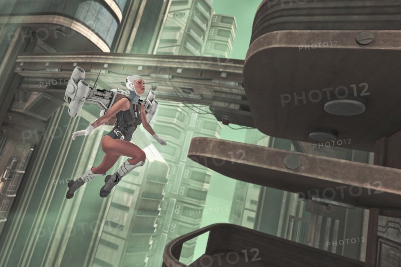 Woman flying in futuristic city