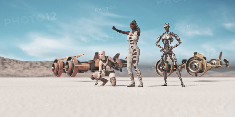 Women and robot searching desert near futuristic vehicles