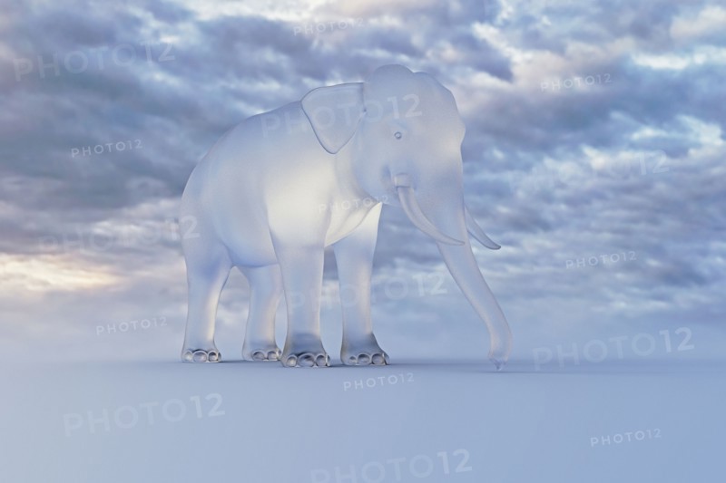 Glass elephant under clouds
