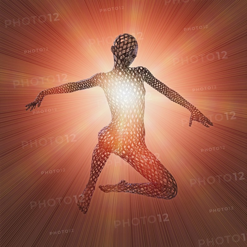 Futuristic woman floating in orange beams of light