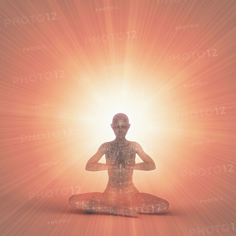 Futuristic woman meditating in orange beams of light
