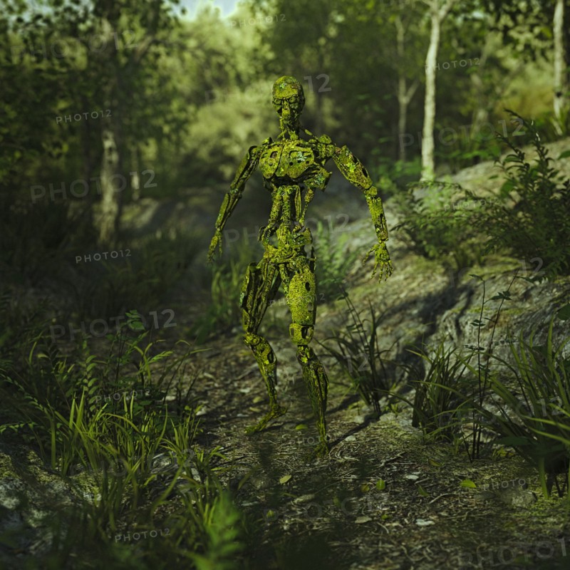 Green loss on obsolete robot in woods