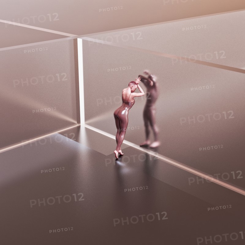 People separated by glass wall
