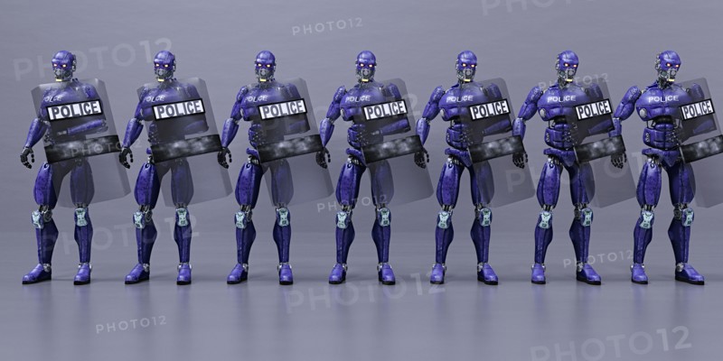 Futuristic robot police holding shields