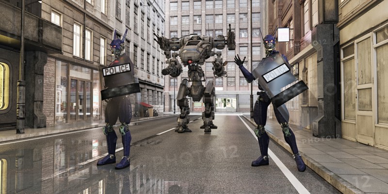 Futuristic robot police standing in city street