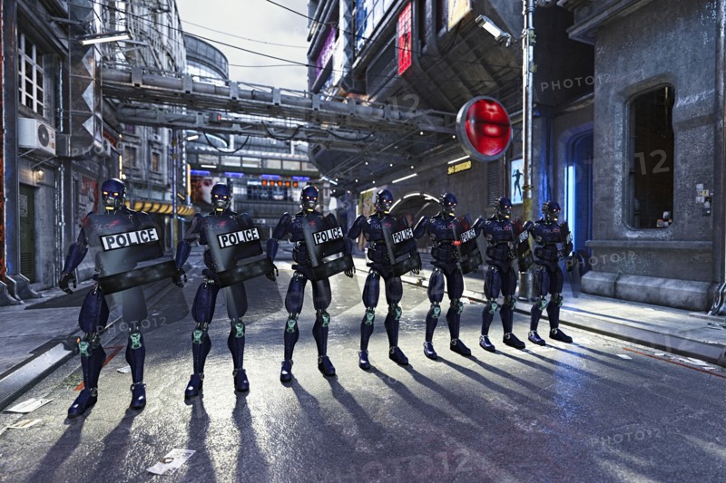 Futuristic police standing in street with shields