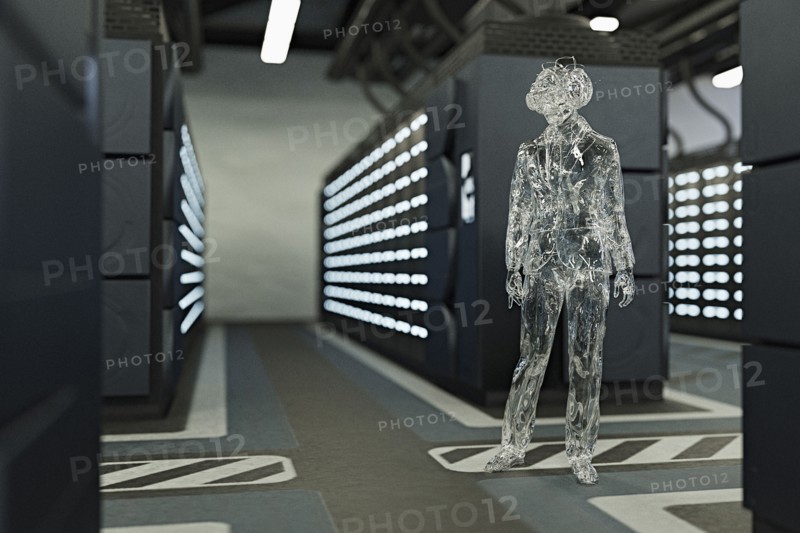 Transparent businessman wearing virtual reality goggles in server room