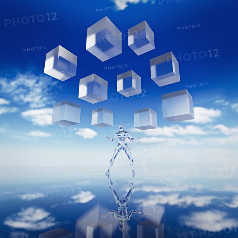 Cubes floating in sky above transparent man