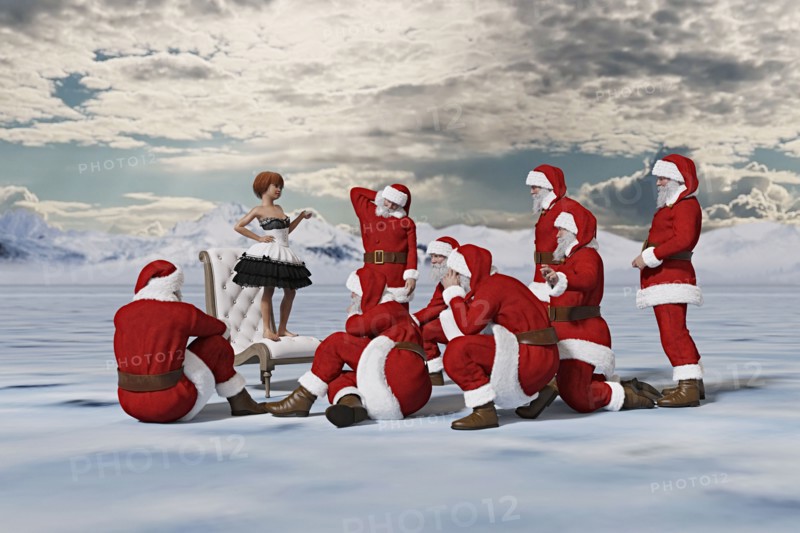 Girl standing on chair lecturing Santas
