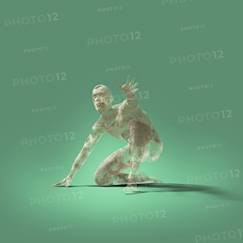 Transparent man kneeling in green background