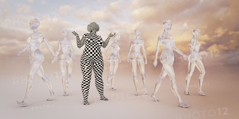 Overweight woman wearing virtual reality goggles near slim women