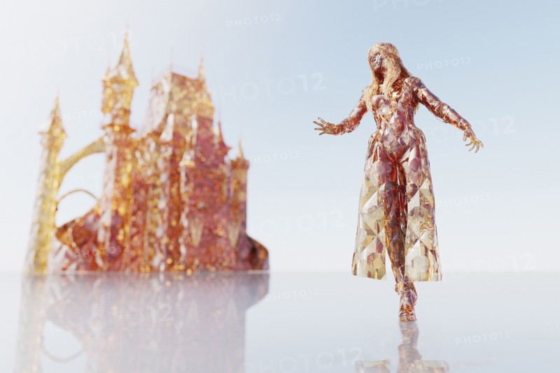 Futuristic woman near castle