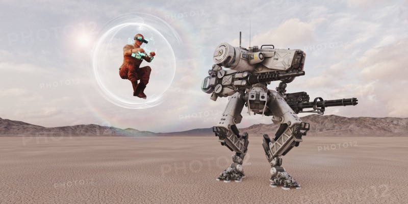 Man wearing virtual reality goggles in floating sphere imitating robot soldier