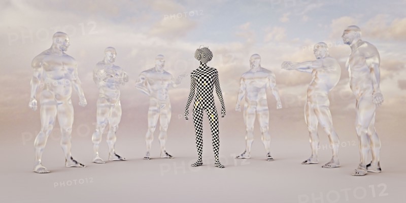 Checkered boy wearing virtual reality goggles near transparent men