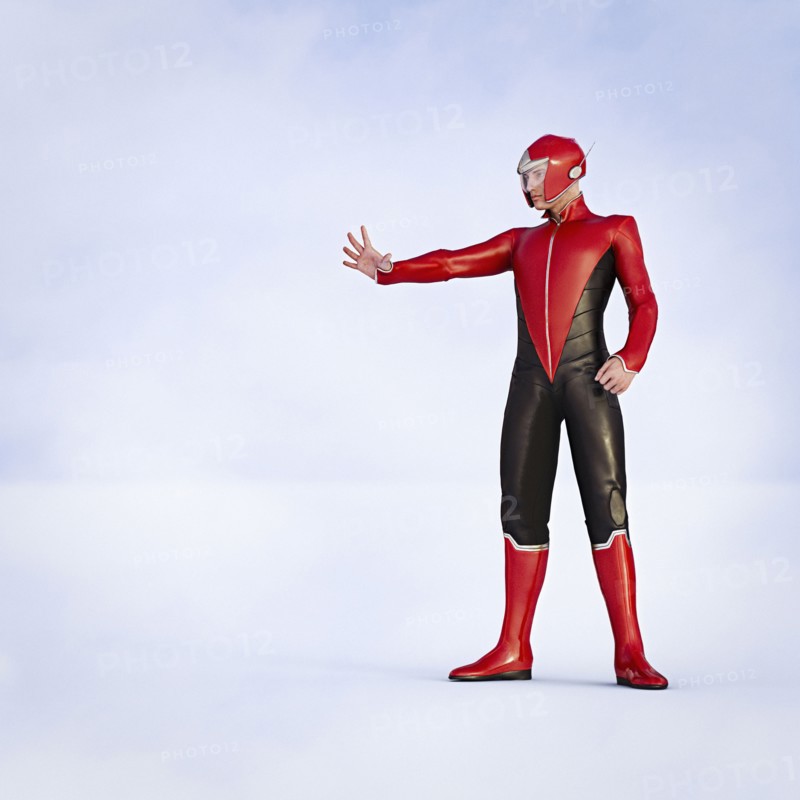 Man wearing superhero costumes gesturing stop