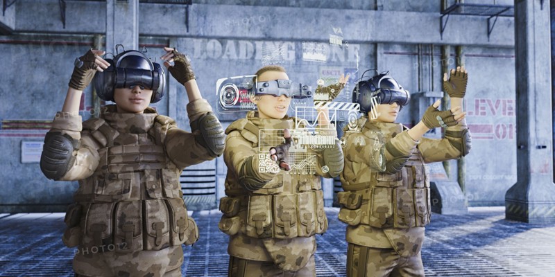 Futuristic soldiers wearing virtual reality goggles