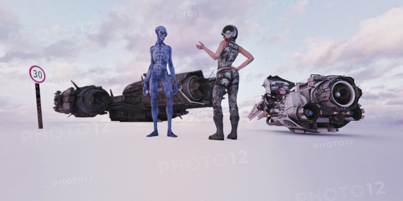 Futuristic police officer talking to speeding alien