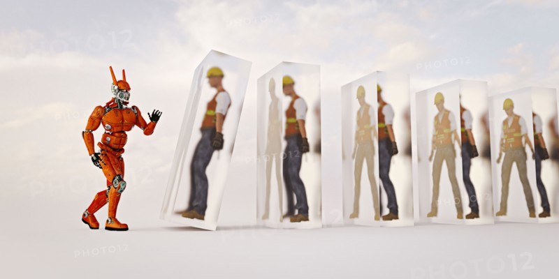 Futuristic robot replacing construction workers