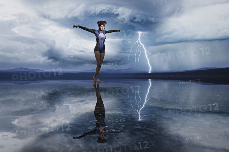 Reflection of the woman walking on ice and lightning