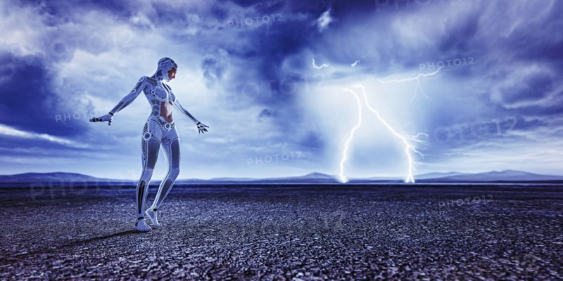 Robot woman watching distant lightning