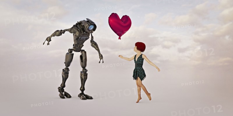 Barefoot girl giving heart-shape balloon to robot