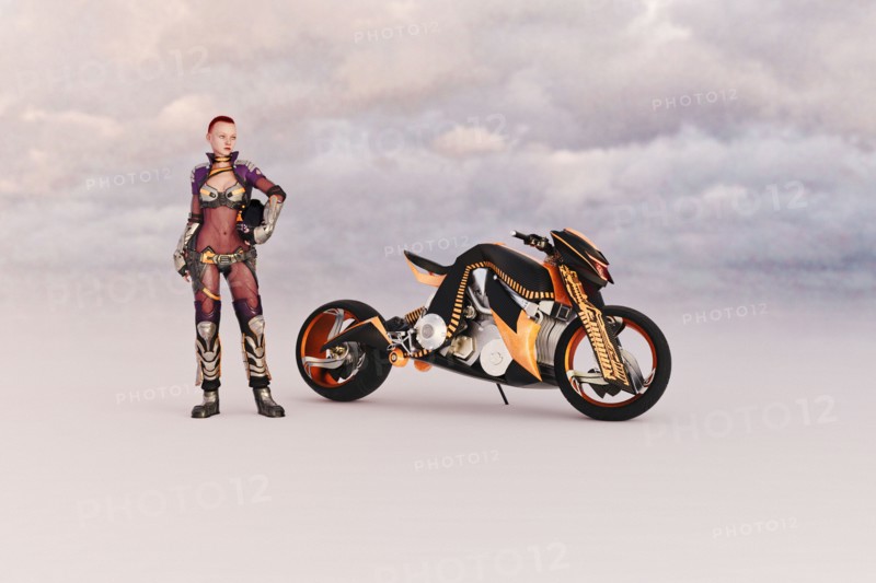 Woman standing near futuristic motorcycle