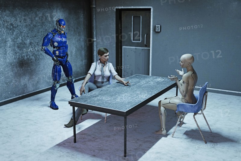 Futuristic police questioning robot woman