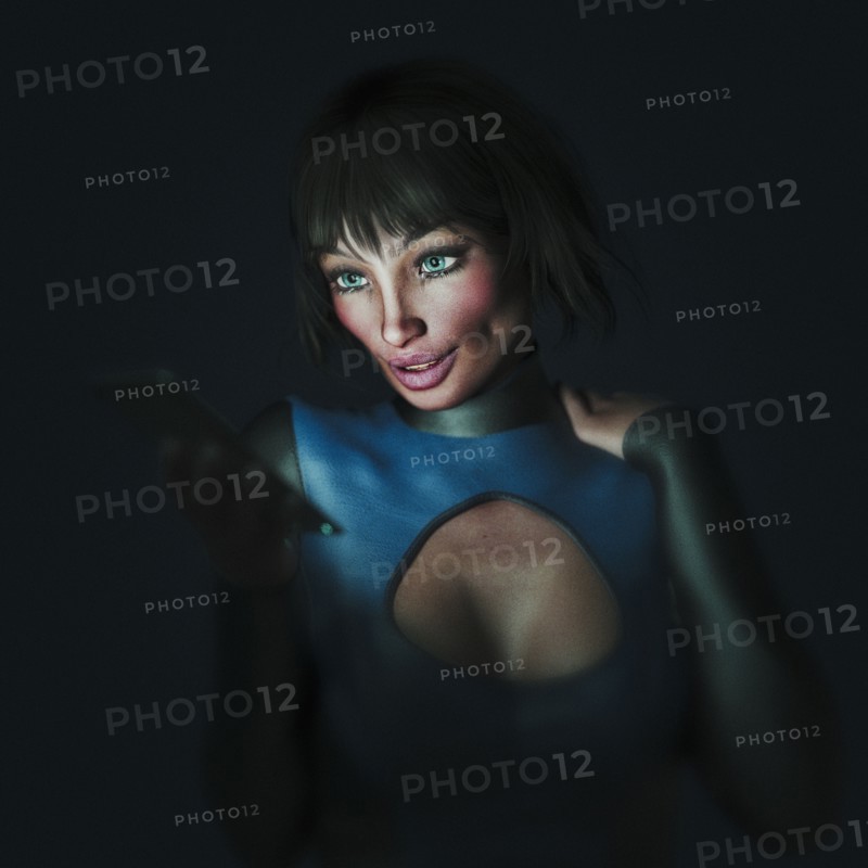 Smiling futuristic woman texting on cell phone