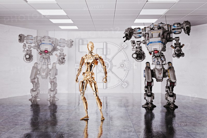 Robots guarding vault at bank