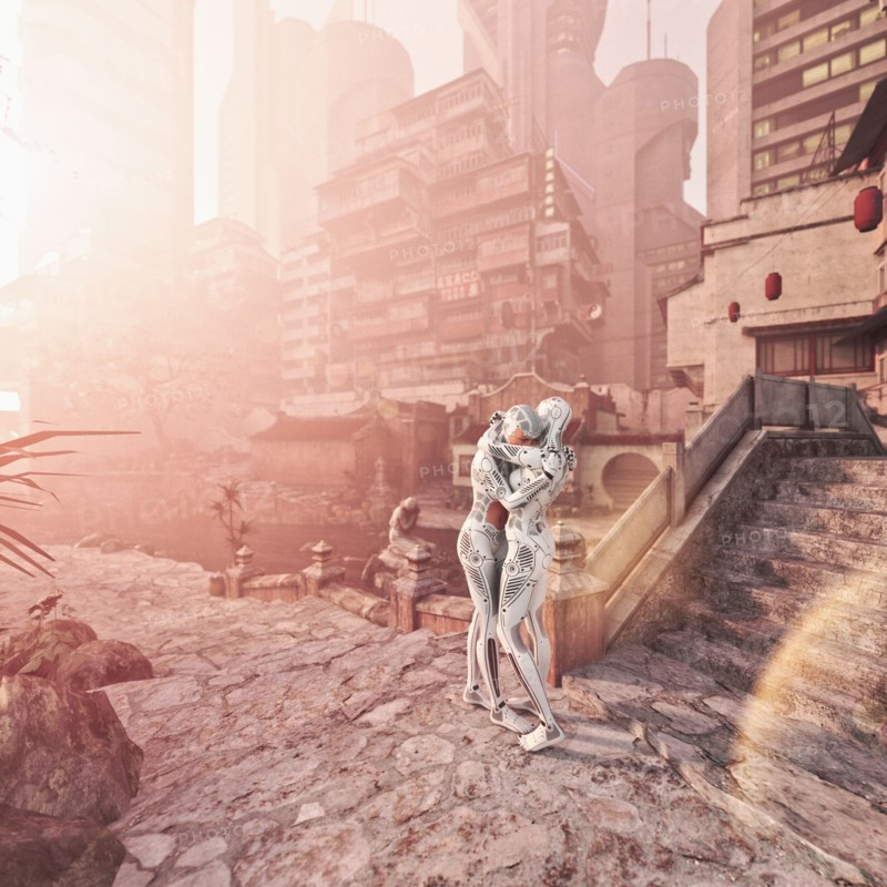 Robots hugging in city