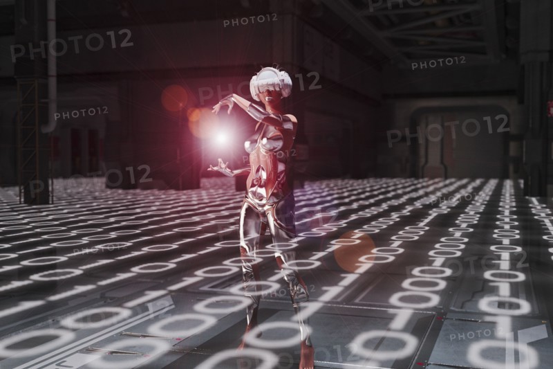 Woman standing in binary code where virtual reality goggles