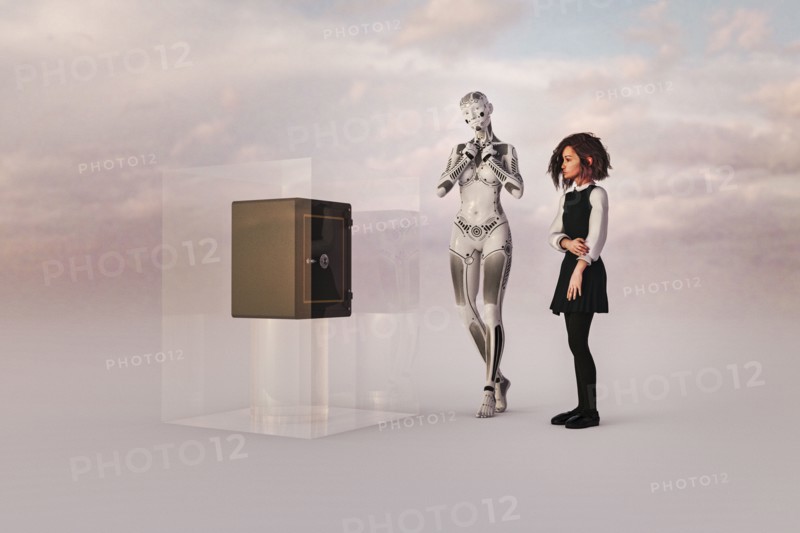 Robot woman and girl watching safe in cube
