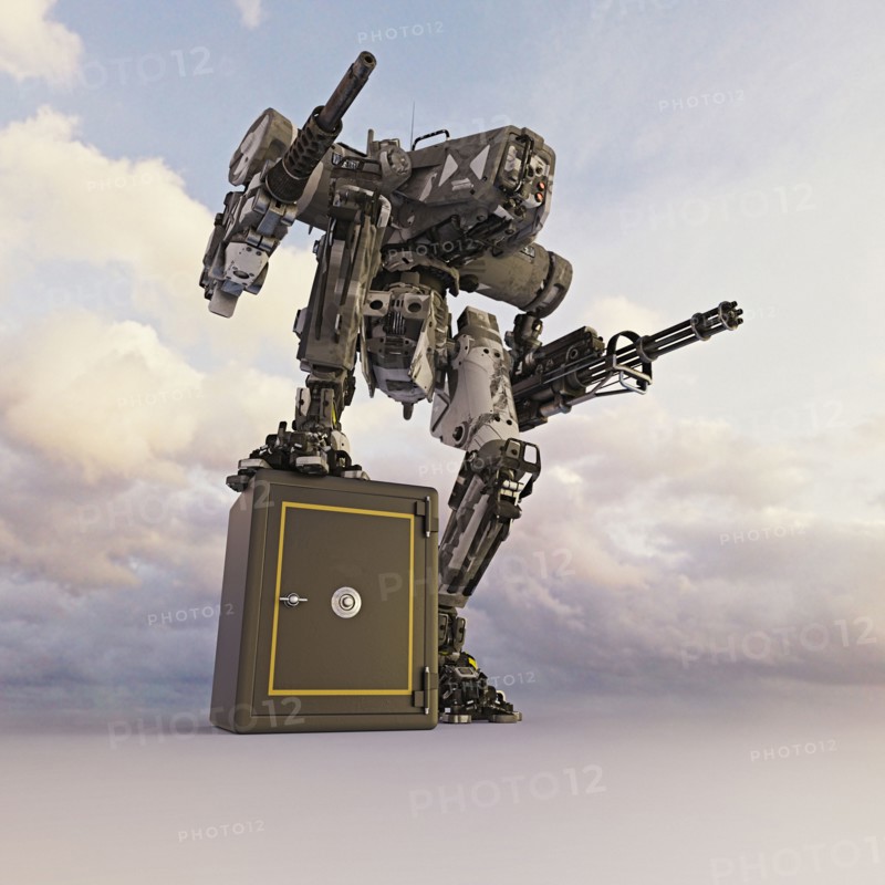 Robot with guns guarding safe