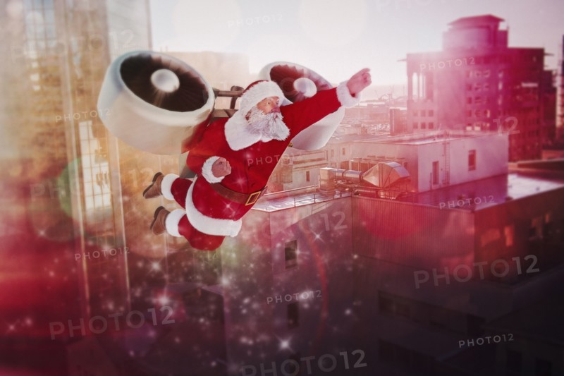 Santa flying jet pack in futuristic city