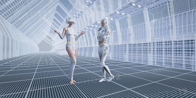 Robot with woman wearing virtual reality goggles in futuristic corridor