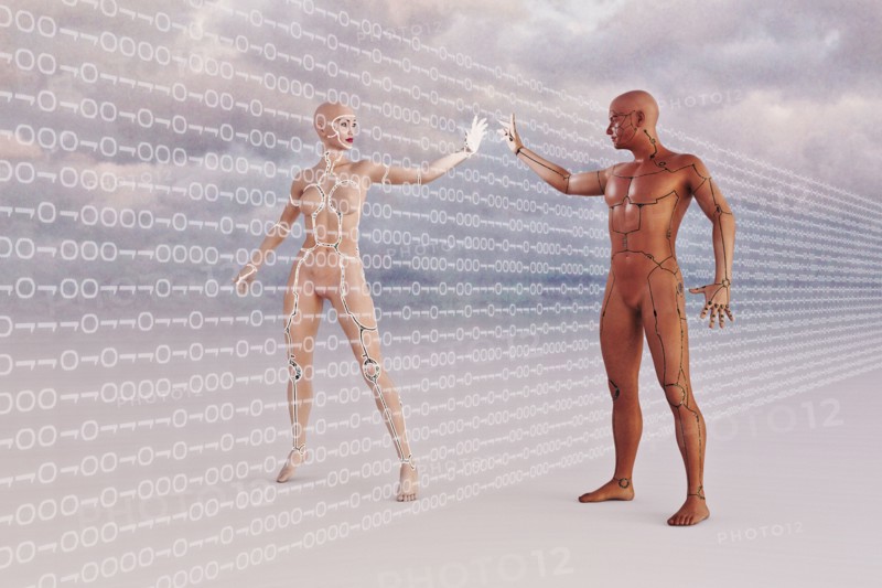 Futuristic man and woman touching through binary code