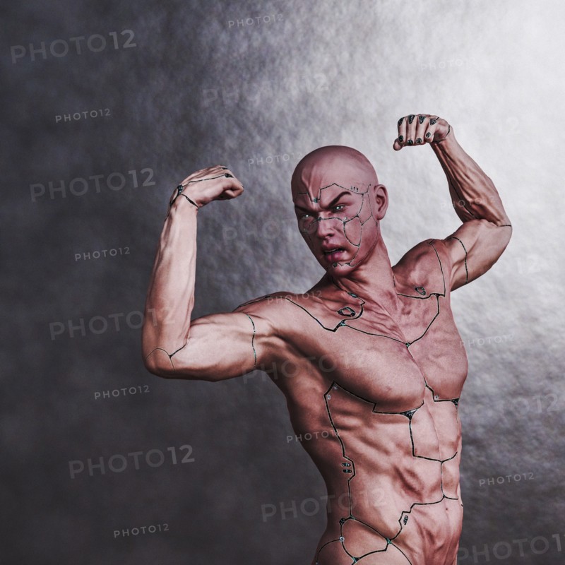 Cyborg man flexing muscles