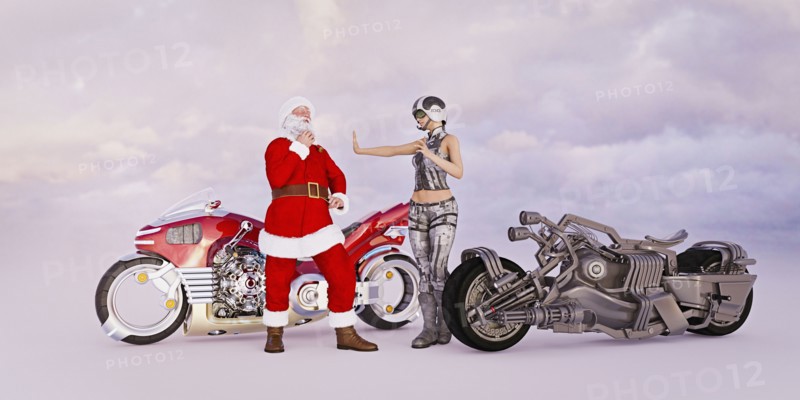 Futuristic Santa stopped for speeding on motorcycle