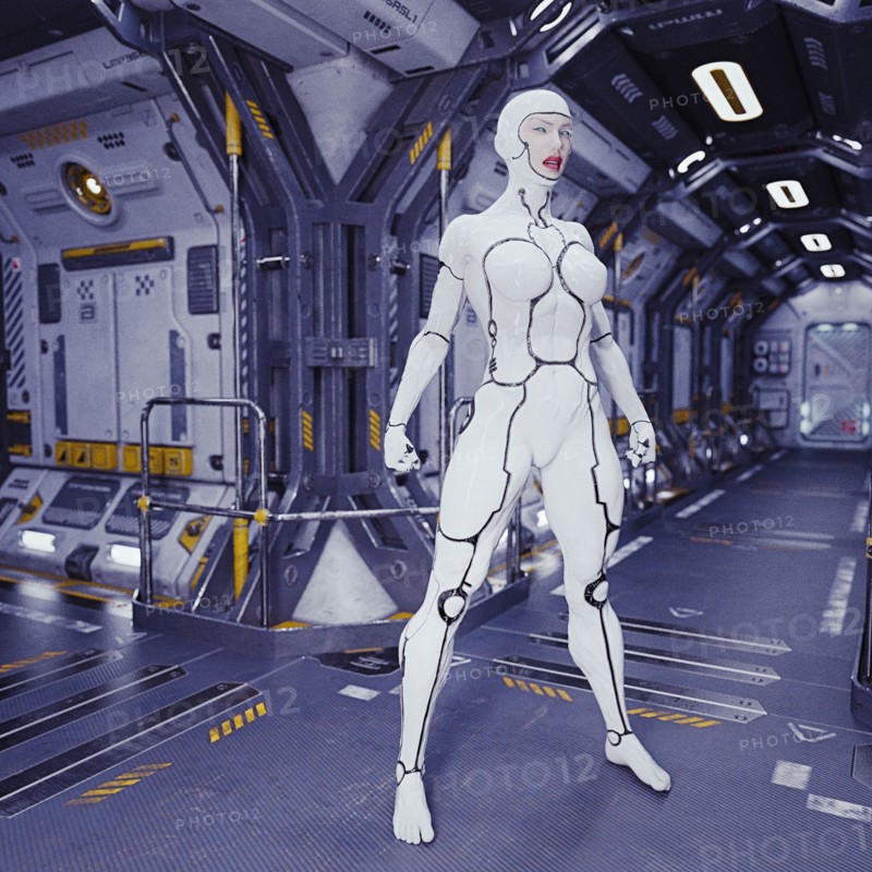 Fierce female cyborg on spaceship