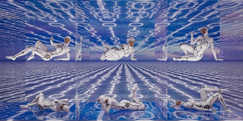 Cyborg women laying in binary code