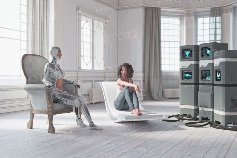 Cyborg and the woman talking near computers