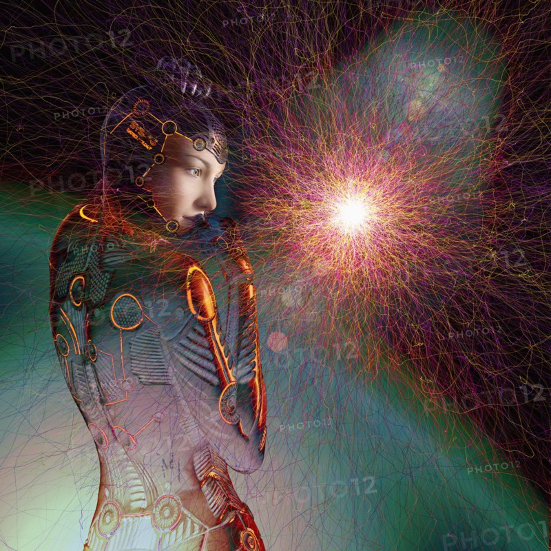 Futuristic robot woman in cyberspace